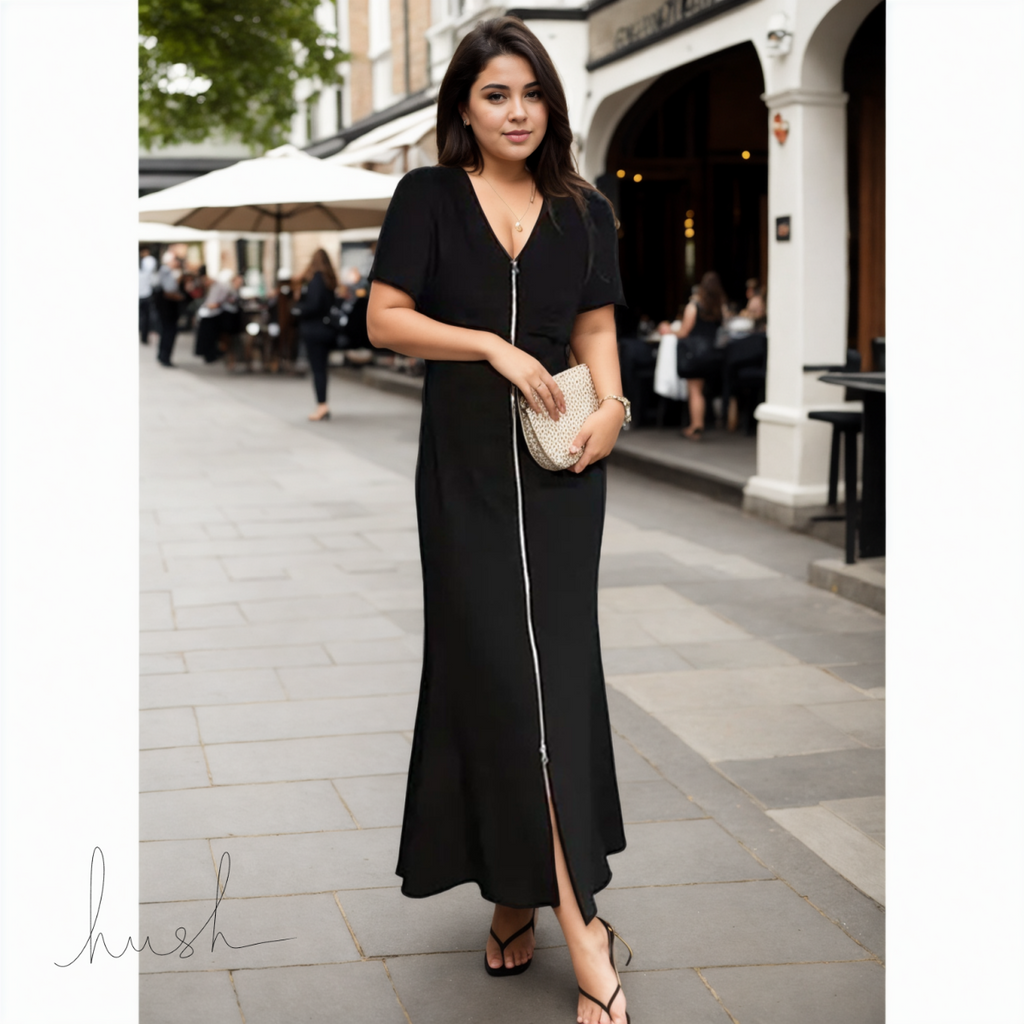 Plus Size Black Zipper Short Sleeve Maxi Dress