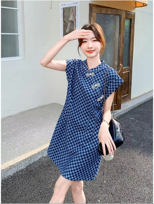 Plus Size Blue Checkerboard Modern Cheongsam (EXTRA BIG SIZE)