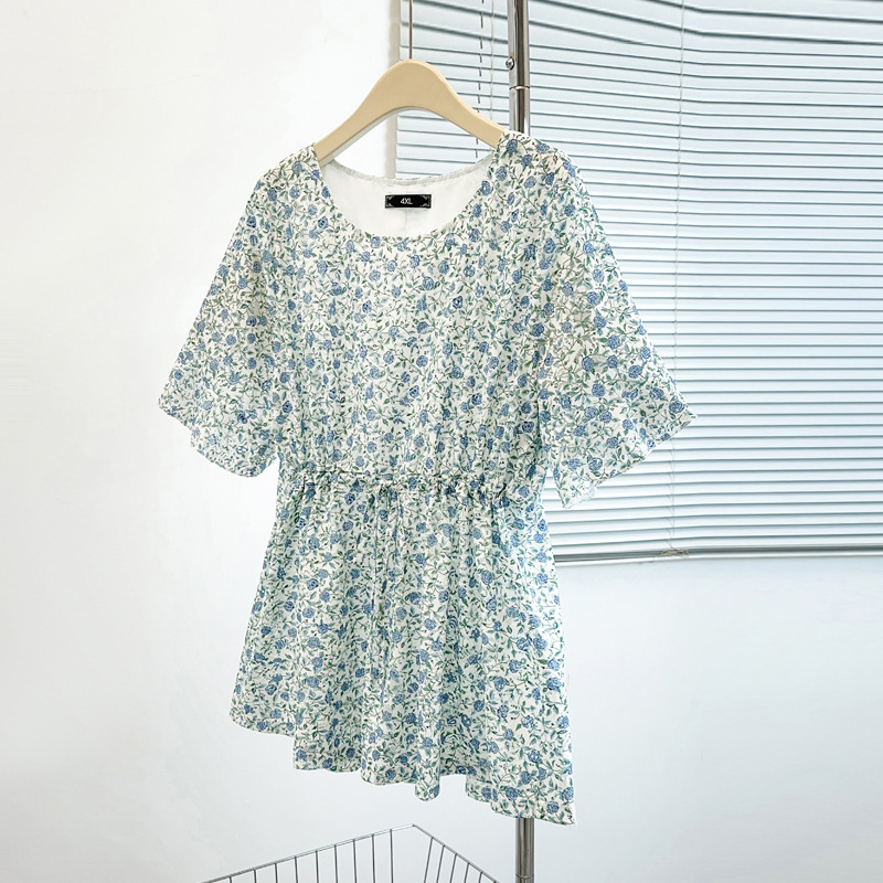 Plus Size Blue Ditsy Floral Chiffon Peplum Top (EXTRA BIG SIZE)