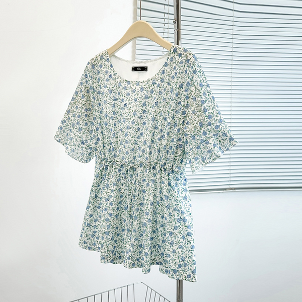 Plus Size Blue Ditsy Floral Chiffon Peplum Top (EXTRA BIG SIZE)