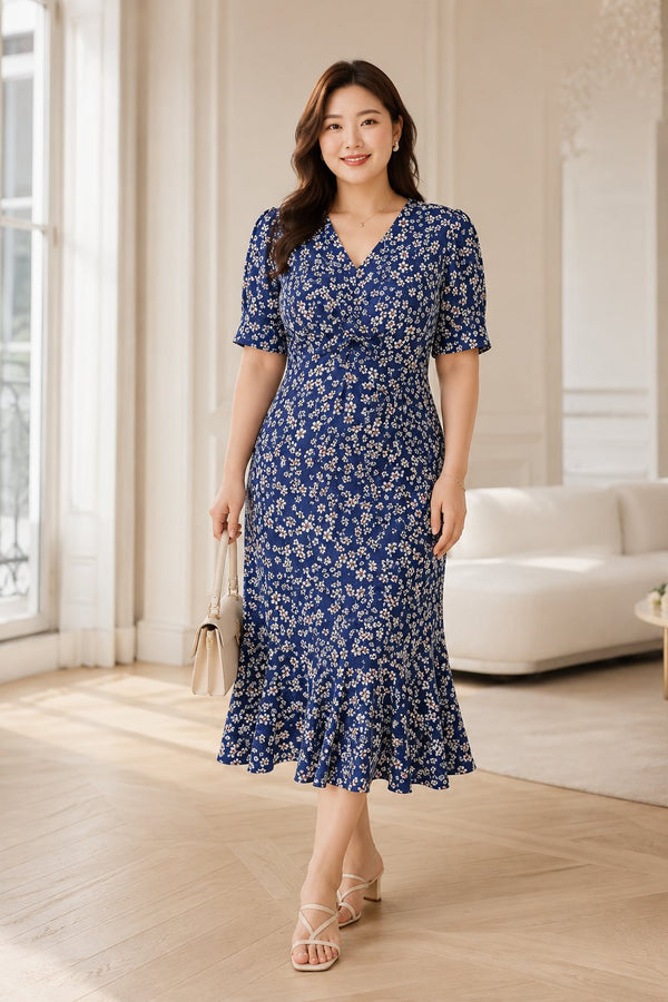 Plus size blue ditsy floral wrap mermaid midi dress front view