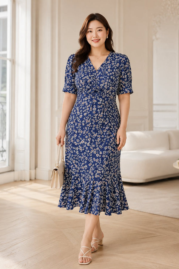 Plus size blue ditsy floral wrap mermaid midi dress front view