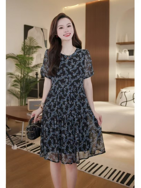 Plus Size Blue Floral Chiffon Babydoll Dress