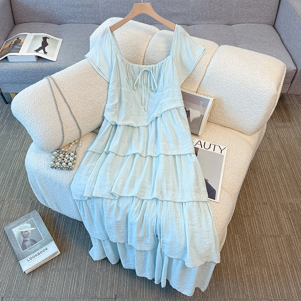 Plus Size Blue Frills Cottage Core Square Neck Dress (EXTRA BIG SIZE)
