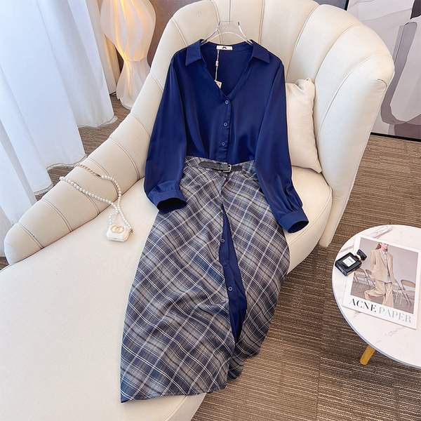 Plus Size Blue Long Sleeve Shirt Dress With Plaid Skirt (EXTRA BIG SIZE)
