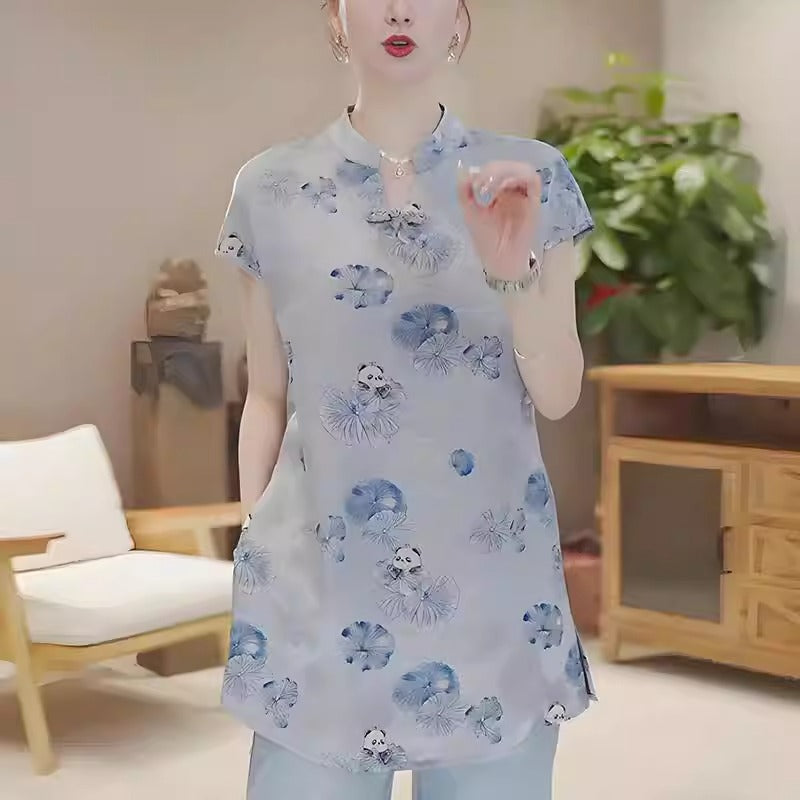 Plus Size Blue Panda Cheongsam Tunic Blouse