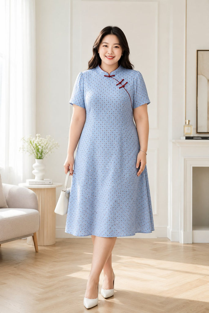 Plus size blue polka dot cheongsam dress front view