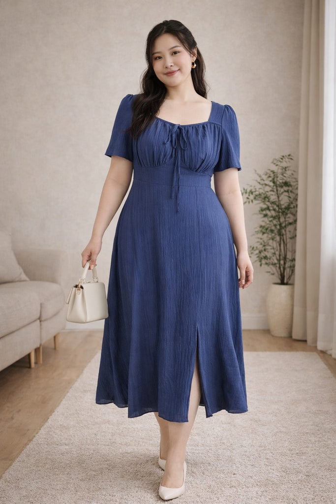 plus size blue square neck midi dress a line front view