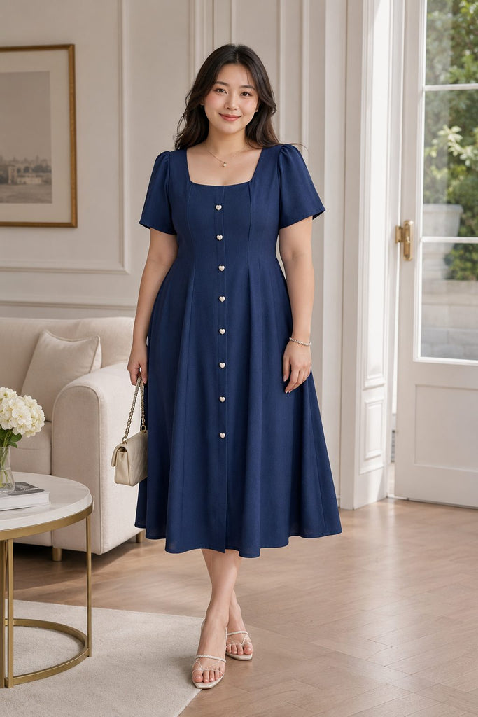 Plus Size Square Neck Button Midi Dress – Pluspreorder
