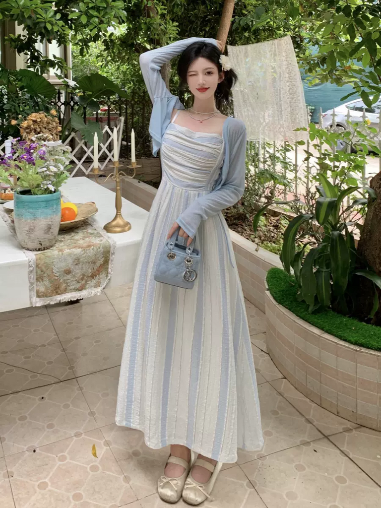 Plus Size Blue Stripe Camisole Dress And Light Blue Cardigan Pluspreorder Plus Size Blue Stripe Camisole Dress And Light Blue Cardigan Pluspreorder