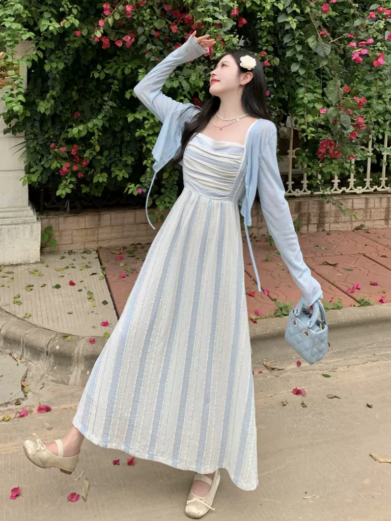 Plus Size Blue Stripe Camisole Dress And Light Blue Cardigan Pluspreorder