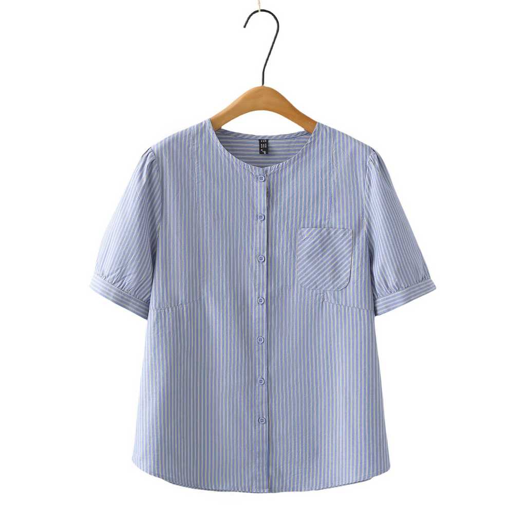 Plus Size Blue Stripes Round Neck Button Down Chest Pocket Blouse