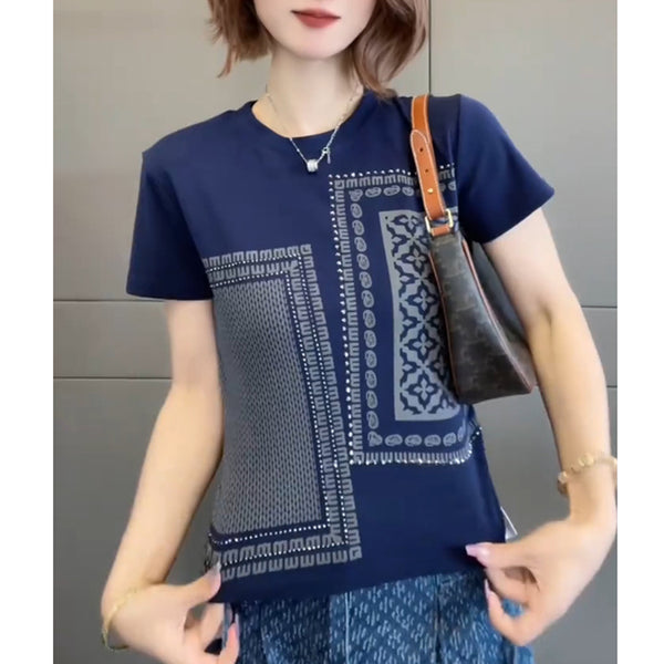Plus size navy scarf print round neck tee