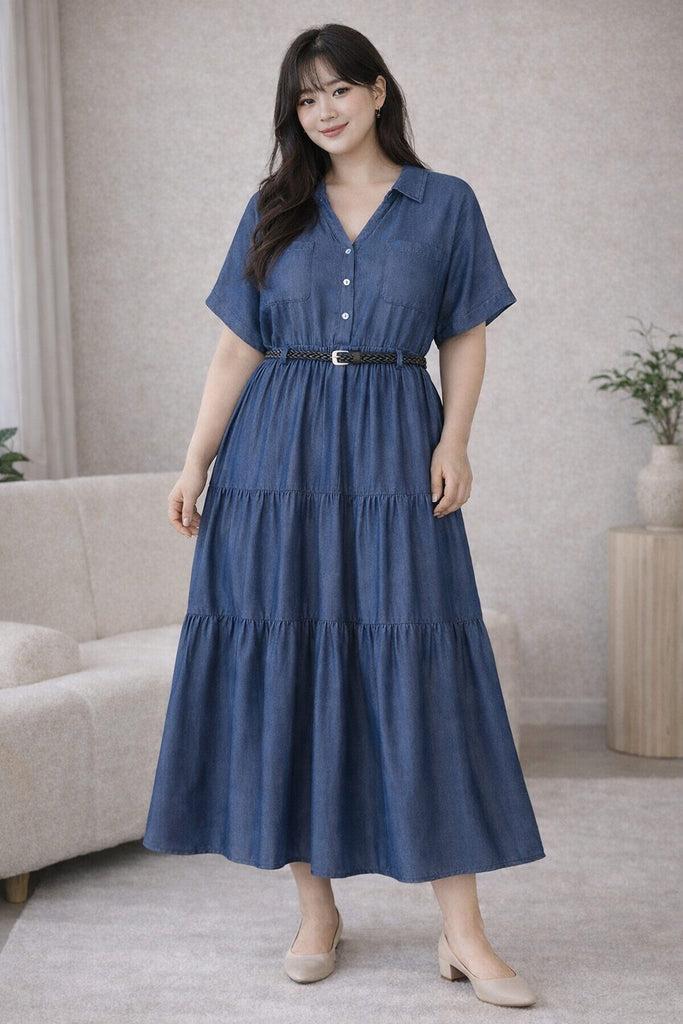 plus size blue tencel denim midi shirt dress front view

