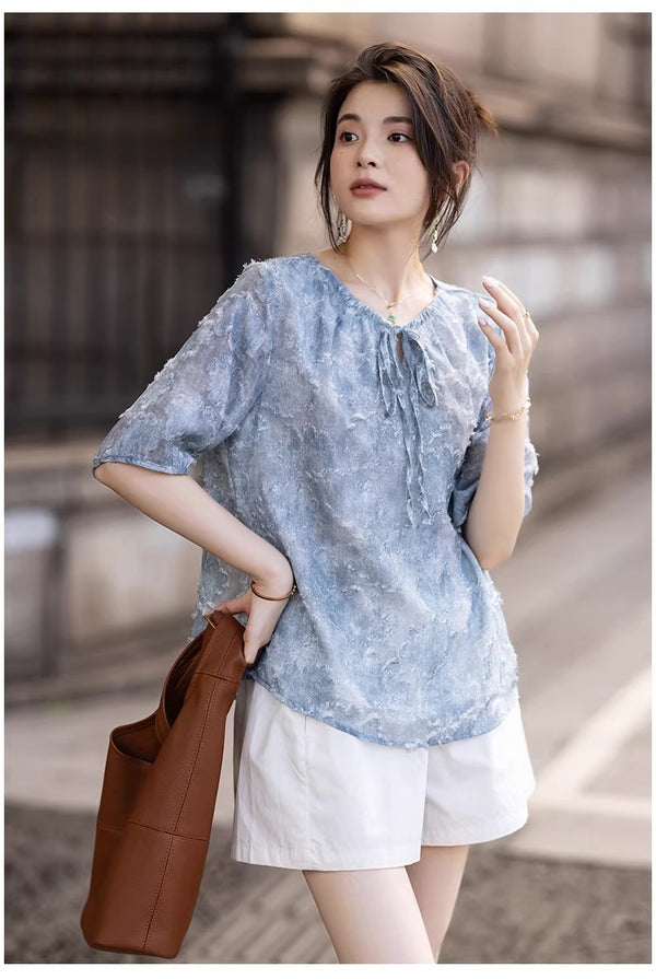 Plus Size Blue Textured Drawstring Blouse
