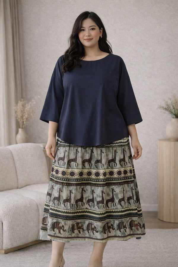 plus size blue tunic blouse animal print skirt set front view
