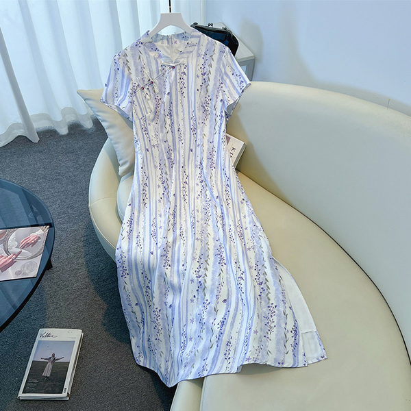 Plus Size Blue Vertical Stripes Qipao (EXTRA BIG SIZE)
