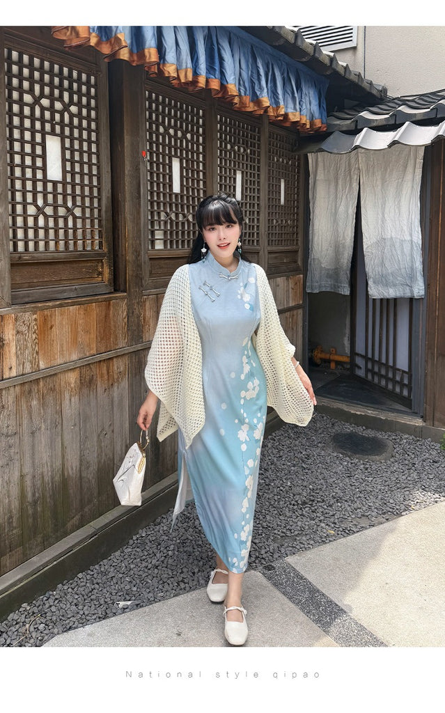Plus Size Blue Watercolour Painting Qipao Dress (With Matching Crochet Jacket)