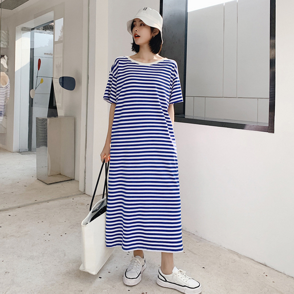 Plus Size Blue White Stripes T Shirt Dress