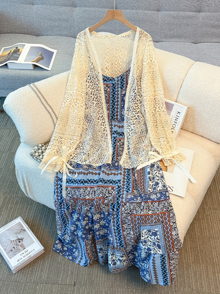 Plus Size Bohemian Camisole Midi Dress And Lace Cardigan Set (EXTRA BIG SIZE)