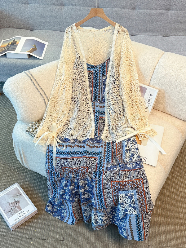 Plus Size Bohemian Camisole Midi Dress And Lace Cardigan Set (EXTRA BIG SIZE)