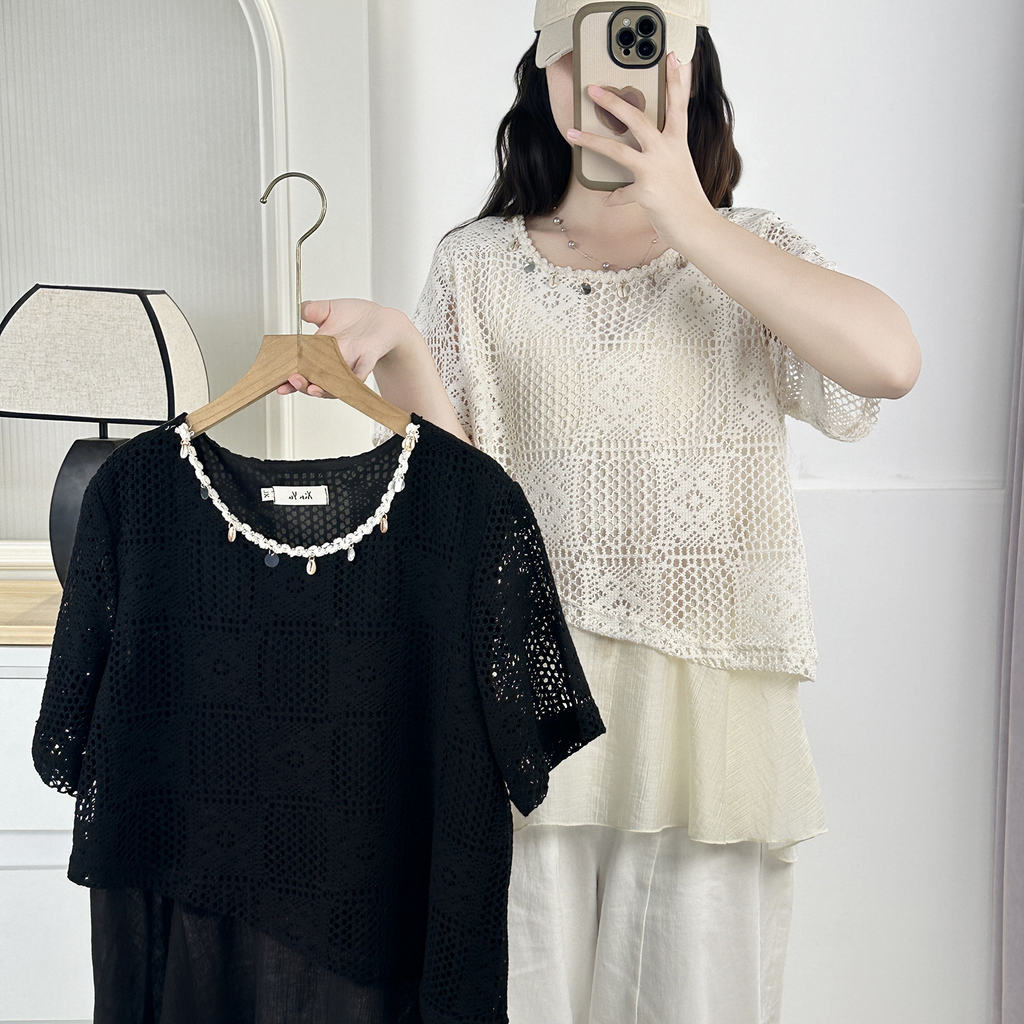 Plus Size Bohemian Crochet Round Neck A Line Blouse