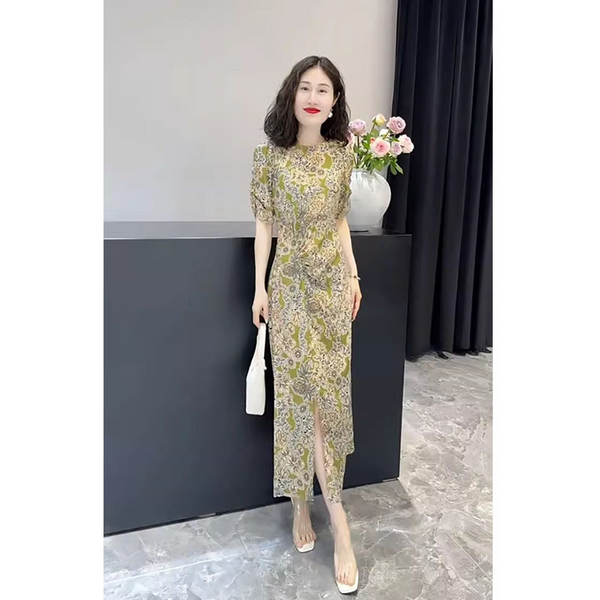 Plus Size Bohemian Print Waist Tuck Short Sleeve Midi Dress