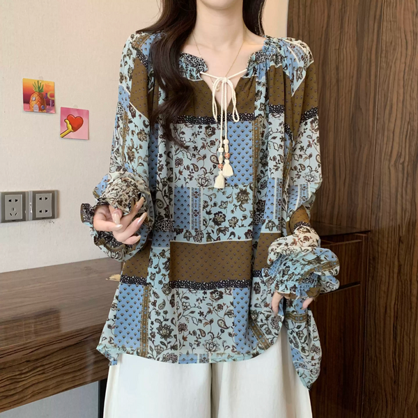 Plus Size Bohemian Tapestry Long Sleeve Blouse