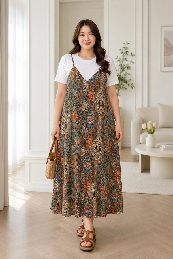 Plus size boho 2-in-1 layered A-line midi dress front view on model