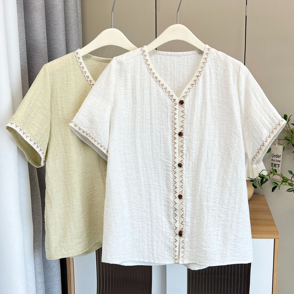 Plus Size Boho Trim V Neck Button Blouse