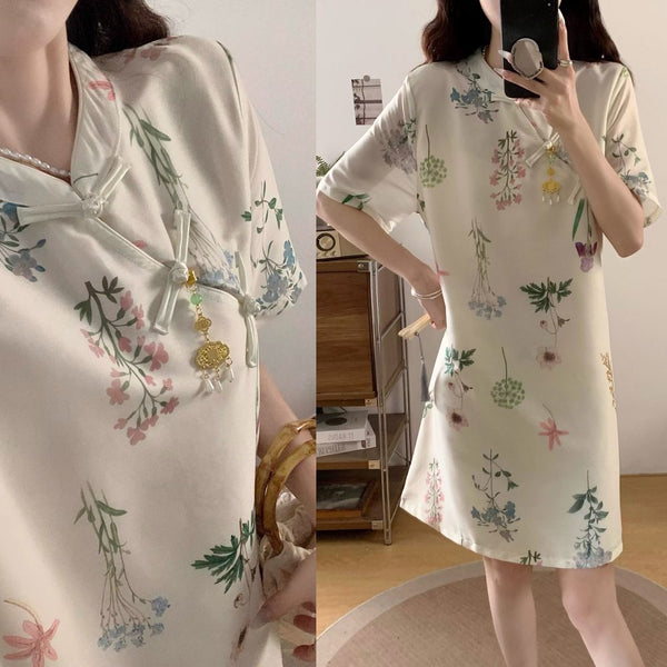 Plus Size Botanical A-Line Shift Cheongsam Dress