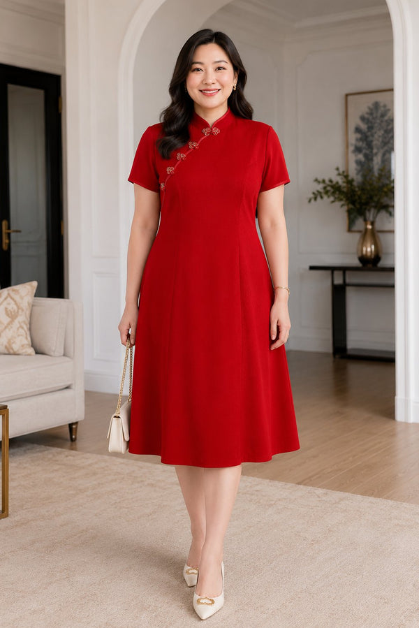 Plus size bright red cheongsam midi dress front view
