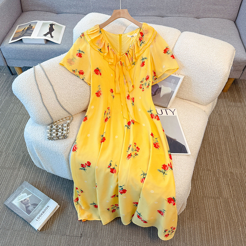 Plus Size Bright Yellow Floral Vintage Dress (EXTRA BIG SIZE)