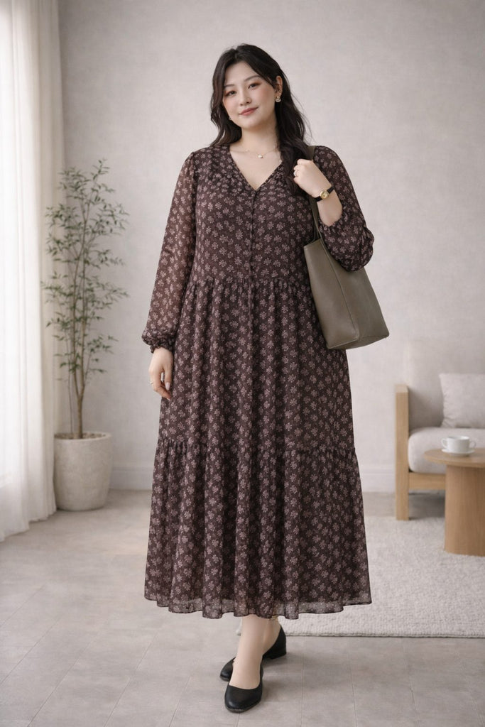 balloon sleeve midi dress Plus Size Midi Dress – Brown Boho Print Balloon Sleeve – Pluspreorder