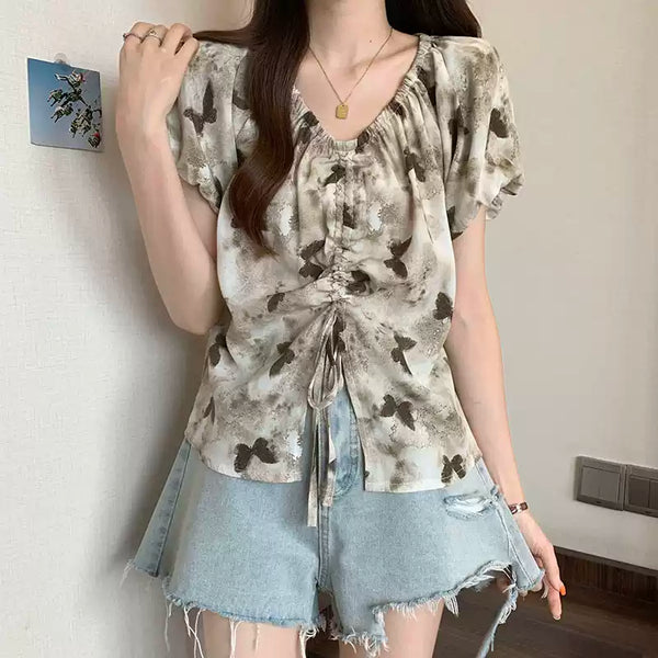 Plus Size Brown Butterfly V Neck Blouse