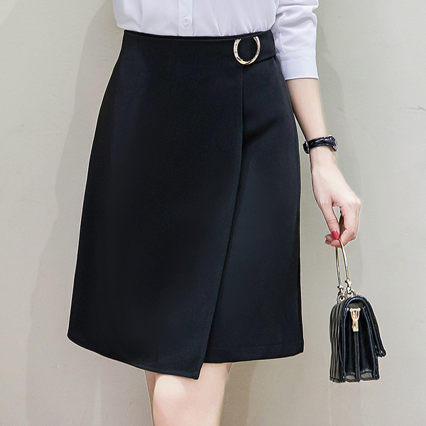 Plus Size Buckle Wrap Office Skirt (Above Knee)