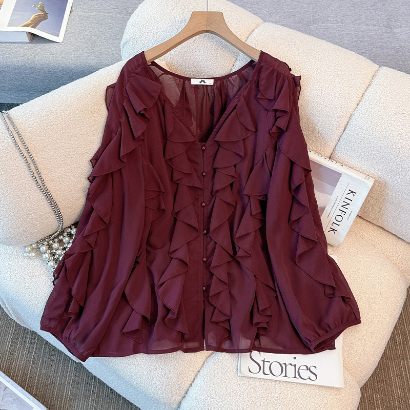 Plus Size Burgundy Frills Dressy Long Sleeve Blouse (Extra Big Size)