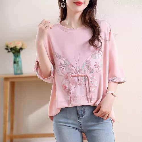 Plus Size Butterfly Embroidery Tunic Top