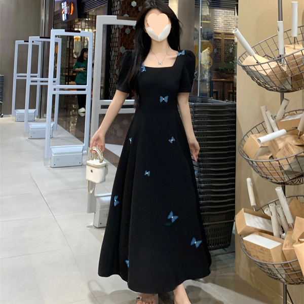 Plus Size Butterly Black Square Neck Dress