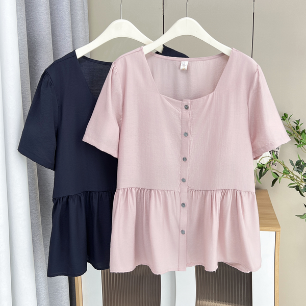 Plus Size Button Down Square Neck Short Sleeve Peplum Top