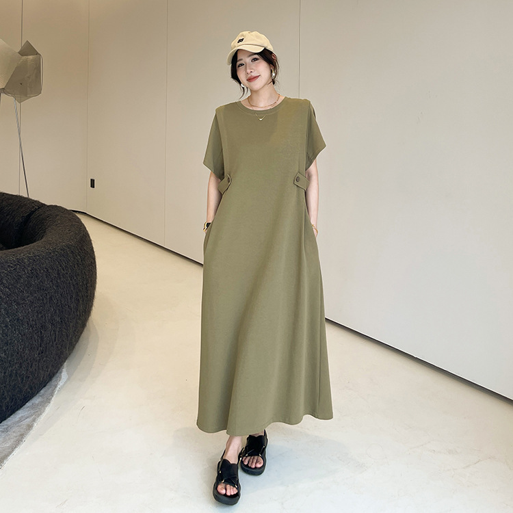 Plus Size Button Side Army Green Tee Dress