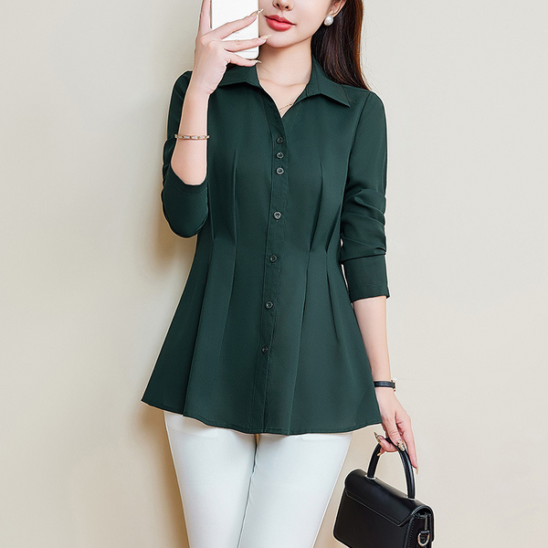 Plus Size Buttons Long Sleeve Peplum Shirt
