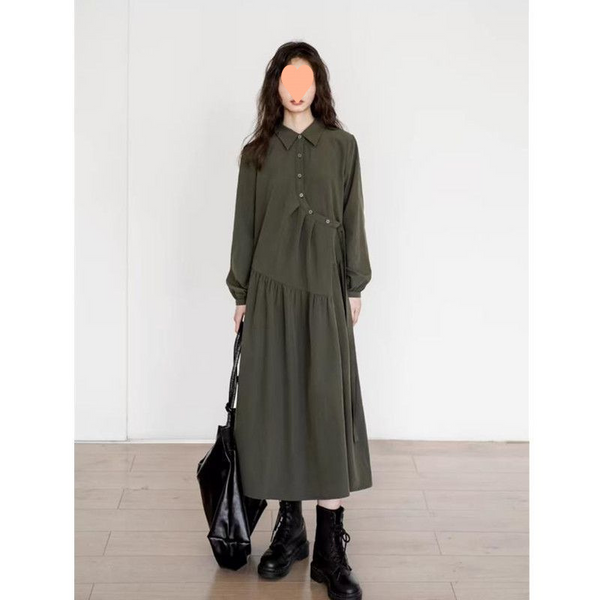 Plus Size Buttons Loose Long Sleeve Midi Shirt Dress