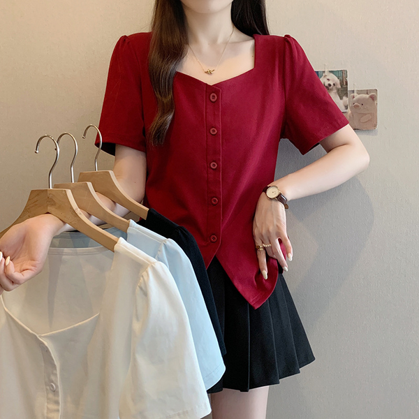 Plus Size Buttons Square Neck Peplum Blouse