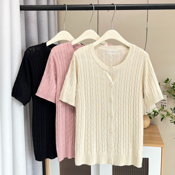 Plus Size Cable Knit Button Down Round Neck Short Sleeve Sweater