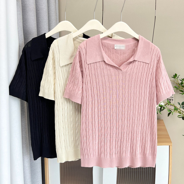 Plus Size Cable Knit Short Sleeve Shirt Sweater