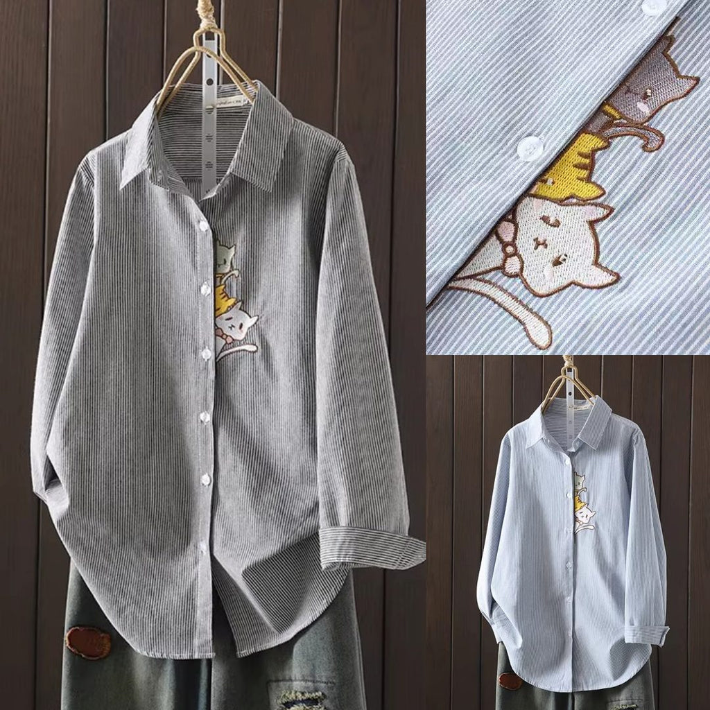 Plus Size Stripe Cat Peekaboo Embroidered Long Sleeve Shirt (Muslimah Friendly)