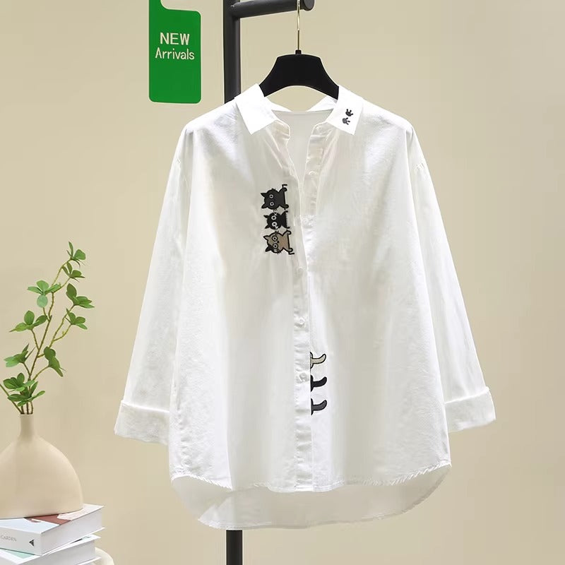 Plus Size Cat Embroidery Long Sleeve Shirt (Muslimah Friendly)