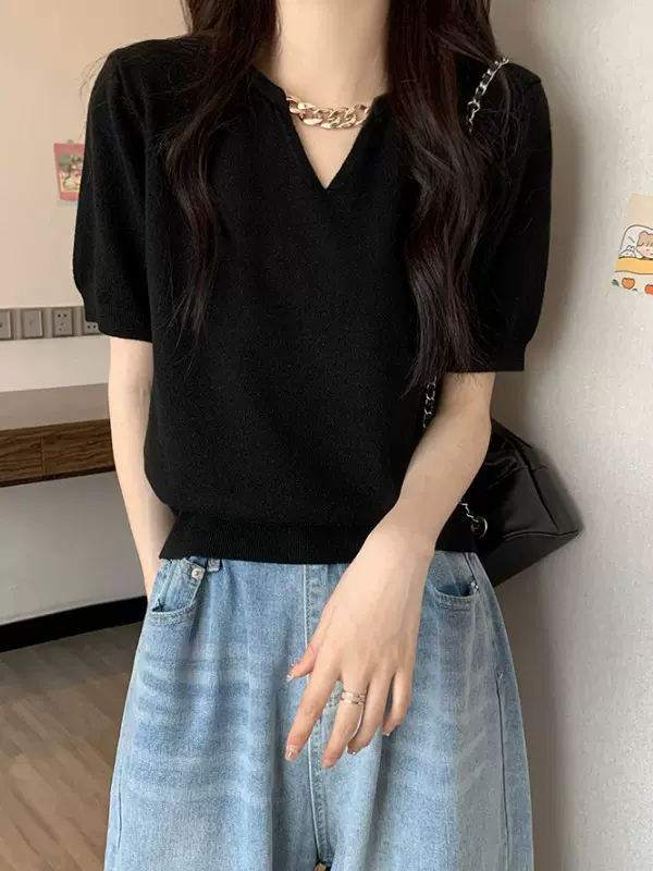 Plus Size Chain Knit Loose Scrunch Hem Blouse
