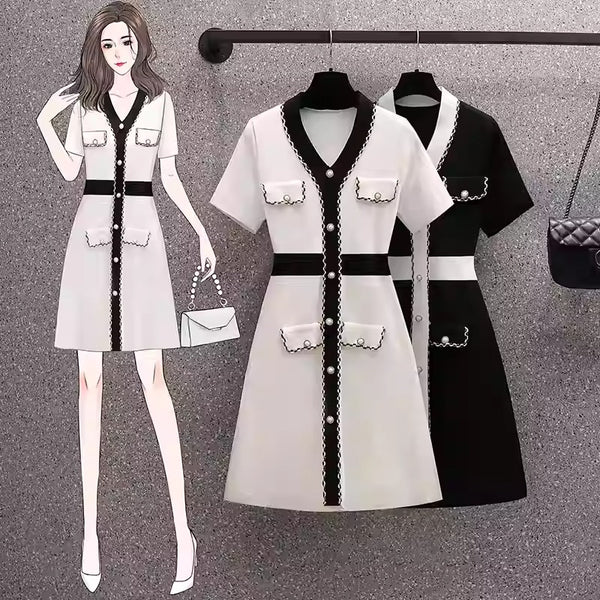 Plus Size Chanel-esque V Neck Short Dress